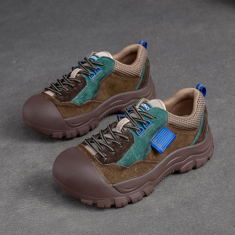 Damen Farblich Abgesetzte Runde Zehenpartie Schnürung Freizeit-Schuhe Retro Sport-Sneaker mit EVA Dicksohle Bequeme Lauf-Flats