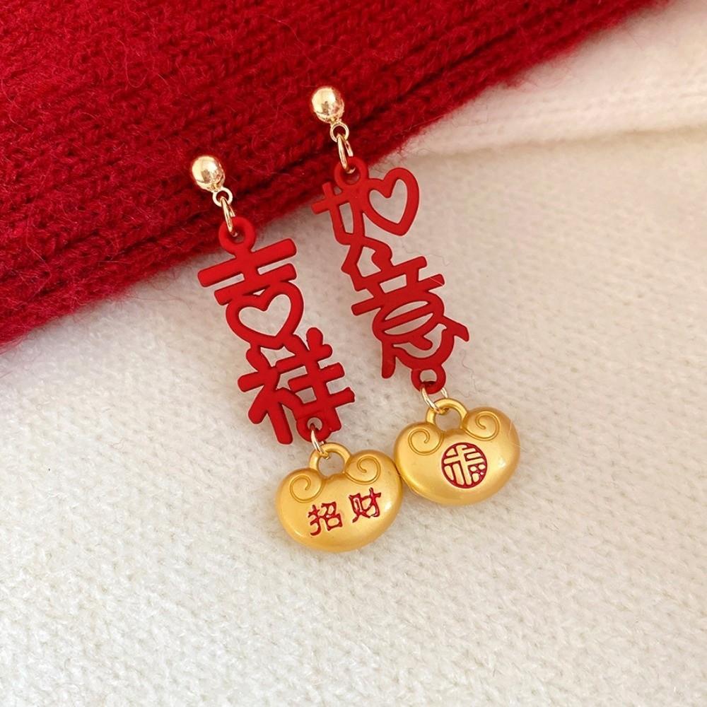 Fashion Jewelry Red Yuanbao Earrings Drip Oil Hollow Out Good Luck Drop Earrings  Party