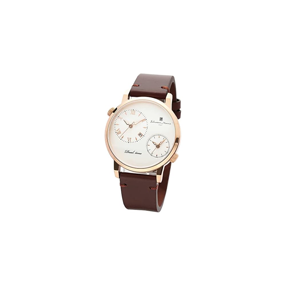 Salvatore Marra Men s Women s Dual Time Analog Quartz Watch Stainless Steel White Leather Strap