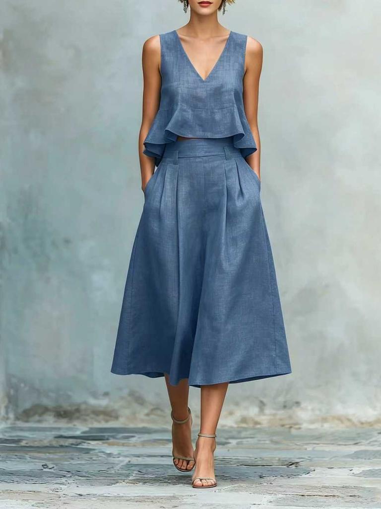 New Arrivals Summer Women's Linen Blend Two-Piece Set with Ruffles