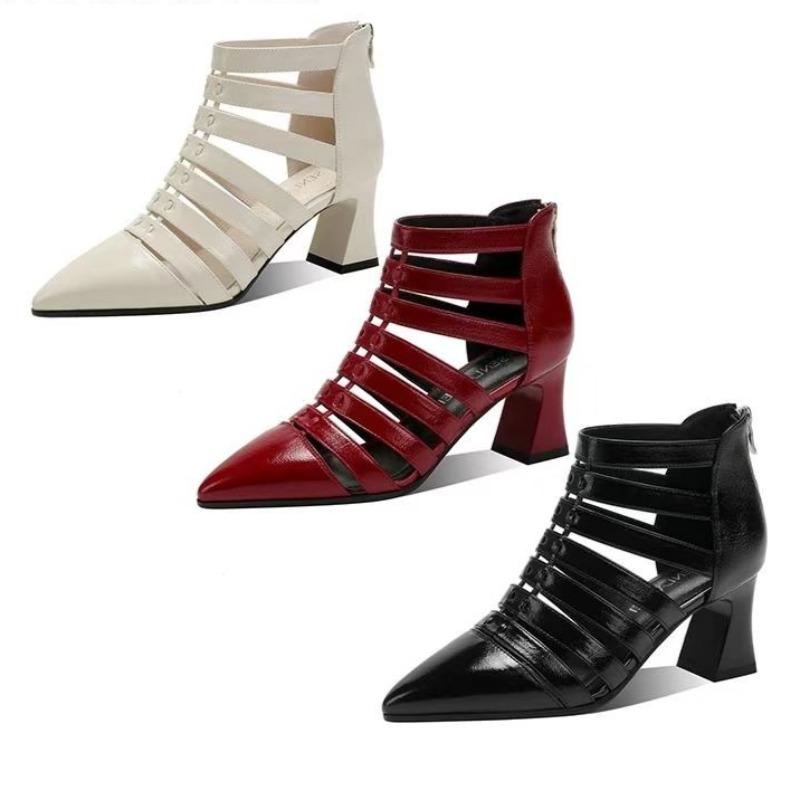 Pointed Toe Hollow-out Baotou Sandals Summer New Block Heel Temperament Roman High Heel Women's Shoes