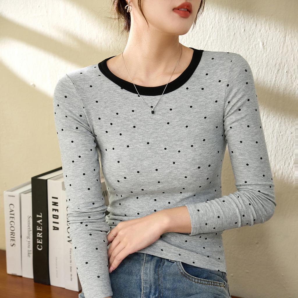 Age-reducing Playful Polka Dot T-shirt for Women Long-sleeved Autumn Clothes Contrasting Slim Base Shirt