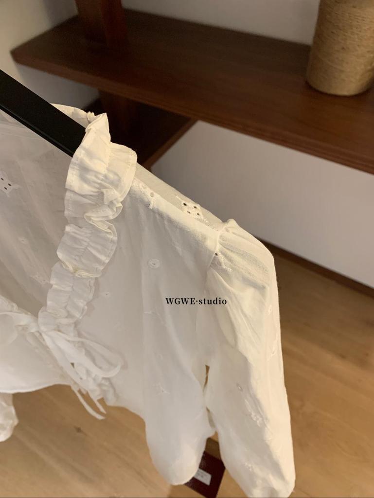 WGWE7806 Elegant French Ruffle Lace Embroidered Long Sleeve Women's Shirt, Autumn/Winter Collection