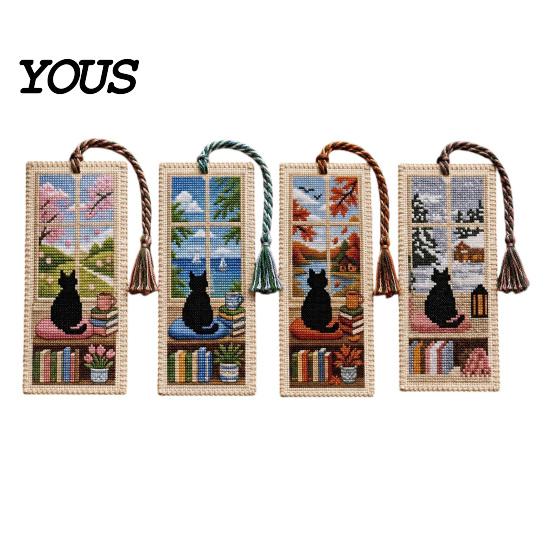 Retro Bookmark DIY Stitch Kit for Adults Beginners, Seasonal Cat Reading Accessory Handmade Embroidery Kit, Gifts Lovers, Readers Artistic