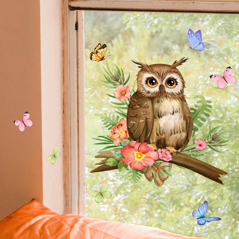 New Owl Flower Branch Wall Stickers Living Room Glass Window Home Decorration Mural Bedroom Decor Self Adhesive Animal Decals