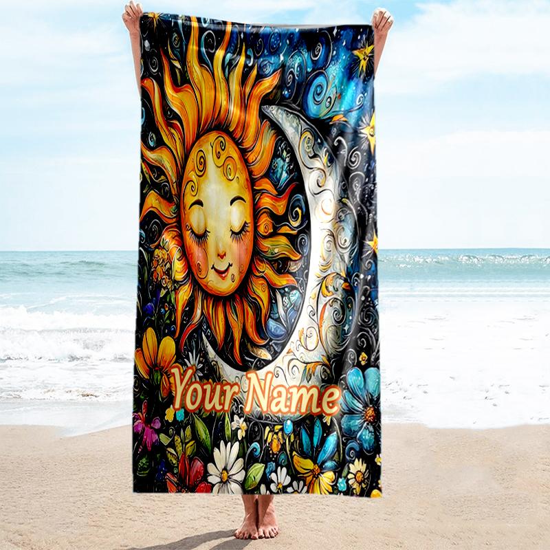 1PC Custom Name Sun, Moon, Flowers Beach Towel Highly Absorbent And Sand-Resistant Towel for Swimming, Pool, Yoga, And Travel Lightweight