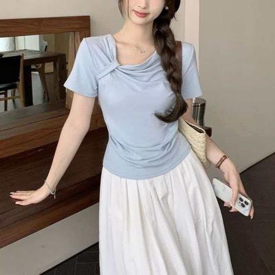 Sweet Short-sleeved T-shirt Women's Spring and Summer New Product Design Straps Girls Wear Blue Bottoming Shirt