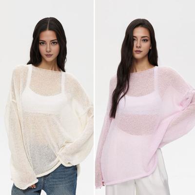 Women Knitting T-shirt Round Neck Flared Long Sleeve Solid Hollow Tee Shirt Fit Color Loose See-through Thin