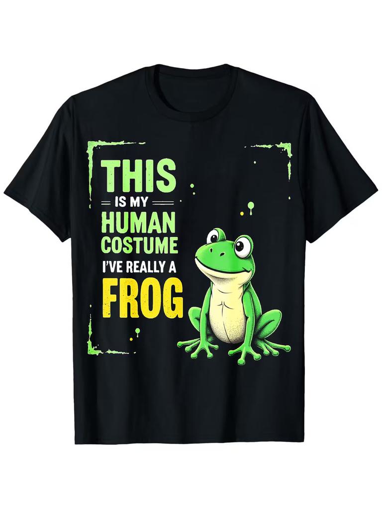 Men'S Plus-Size Frog Pattern T-shirt |, Unisex, Street Style, Short Sleeve, Crew