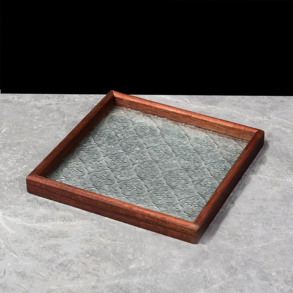 Simple Begonia Embossed Glass Tray Wooden Storage Display Plates Multi-Function Tea Tray  Desk