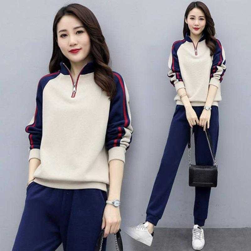 Suit Casual Fashion Sportswear Loose Stand-up Collar Sweater Trousers Two-piece Women s Clothing S