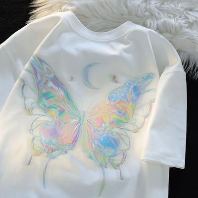 Japanese Retro Colourful Butterfly Print Short Sleeve T-Shirt Women's Casual Tops