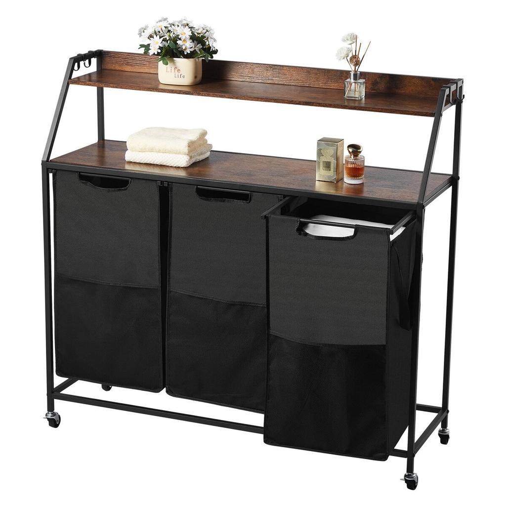 2 Tiers Laundry Sorter Tall Laundry Hamper with Wheels and Hooks 3 Section