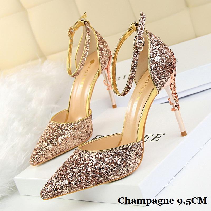 Bigtree European and American Fashion Sexy Hollow Out Nightclub Show Metal Heel  9.5cm High Heel Sparkle Sequins with Sandals