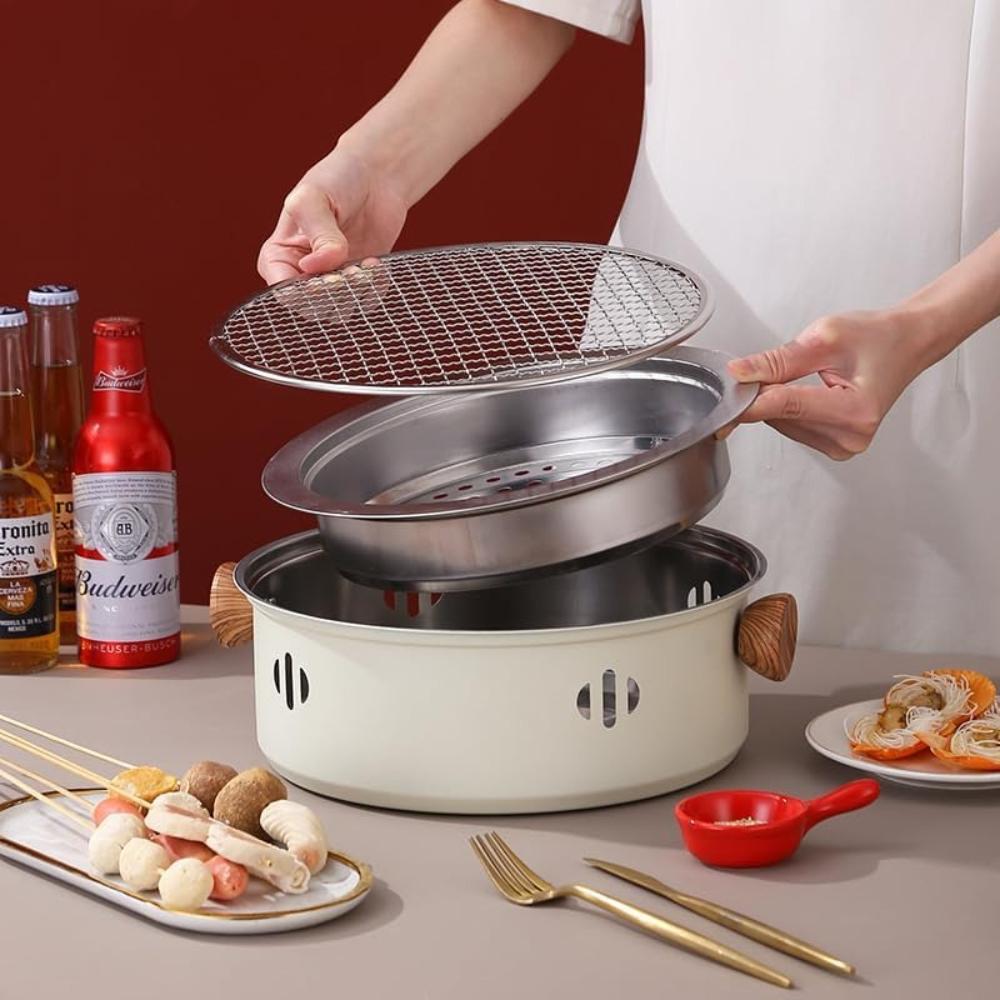 Koreanischer BBQ-Grill, Holzkohlegrill, Edelstahl, Outdoor-Camping, Kochen, Tee um den Grill herum