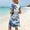 Damen Kurzarm Hawaiian Print Lässiges Kleid Rundhalsausschnitt Mit Taillenband und Taschen Leichtes Sommer Strandkleid