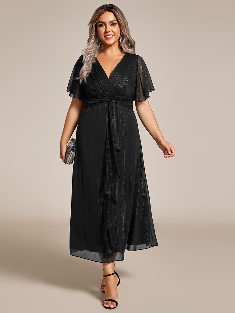 Ever-Pretty Women's Plus Size Shimmer Short Sleeve A-Line Midi Wedding Guest Dress with Ruffled Hem