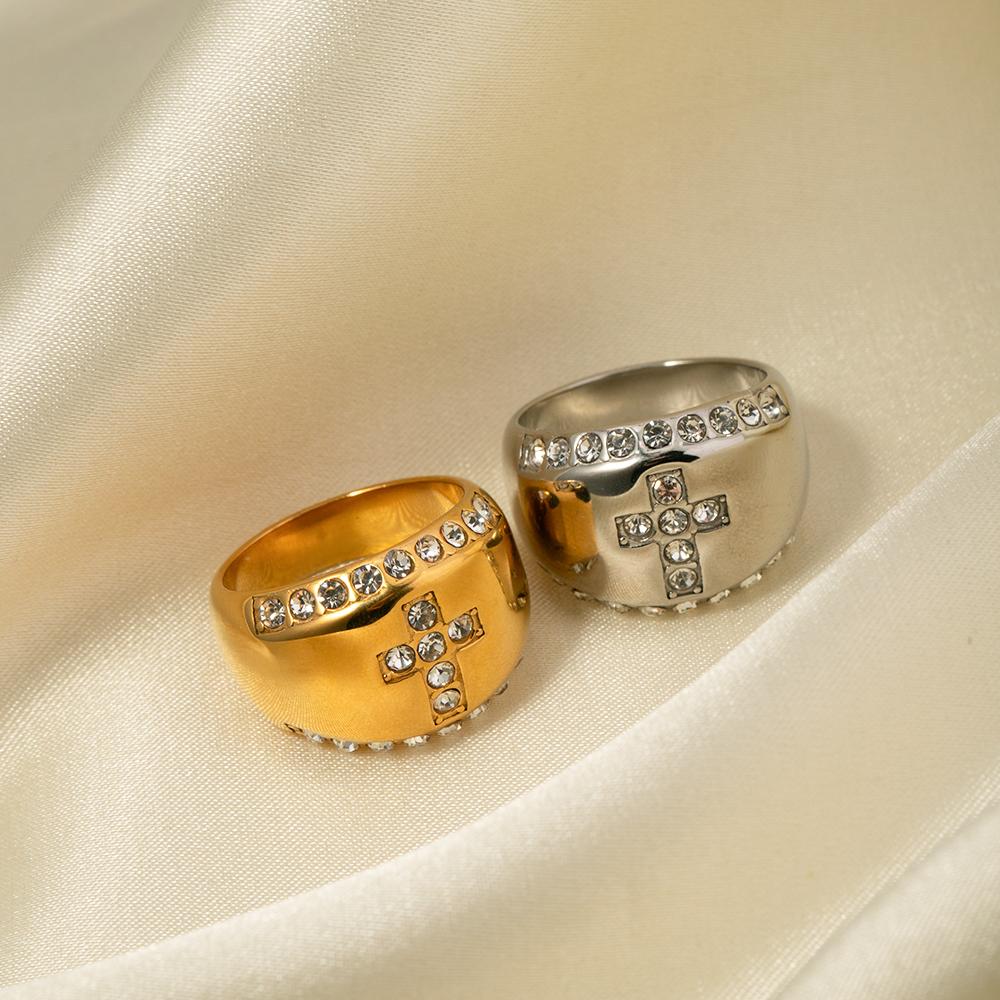 Youthway Low Key Luxury Rhinestone Cross Chubby Stainless Steel Ring For Women Charm Waterproof Jewelry Party Gift
