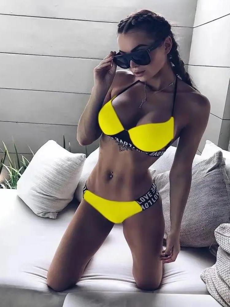 2024 novo biquíni sexy biquíni maiô bolsa dura LOVE listrado maiô dividido feminino