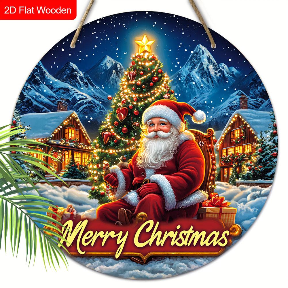 Merry Christmas Wooden Sign with Santa Claus Pattern - Navidad Round Sign for Front Door, Wall Hanging Decor - Ideal Christmas Decoration