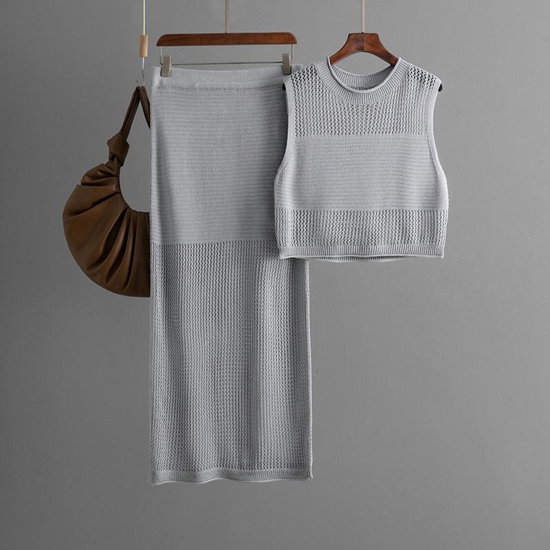 Slim-fit hollow sleeveless vest set, summer new knitted slit skirt two-piece set