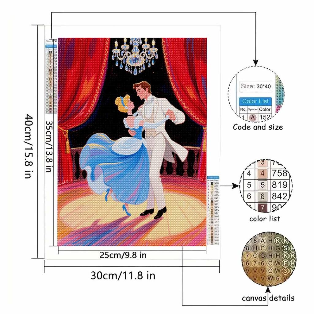 Diamond Mosaic Colorful Diamond Painting Cinderella and The Prince Full Round Embroidery Cartoon Creative Hobbies Wall Decor