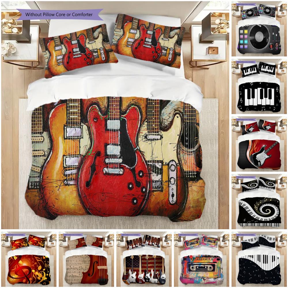 1PC Music, guitar Theme Bedding Quilt Set Quilt Cover Pillowcase Home Decoration Birthday Gift (1 * duvet cover + 2 * pillowcase, without core)