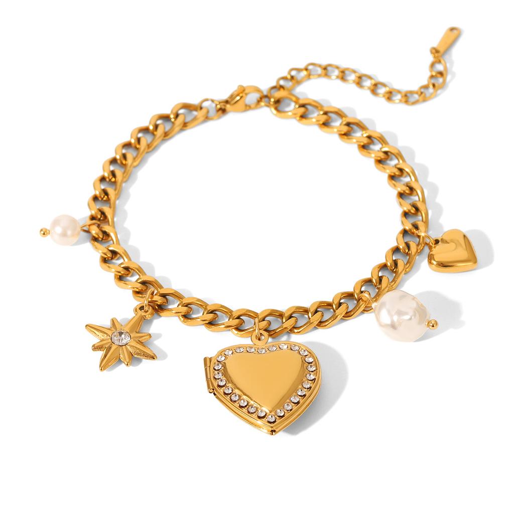 Cuban Chain Diamond-encrusted Heart Eight-pointed Star Pendant Bracelet, Unique Trendy Jewelry