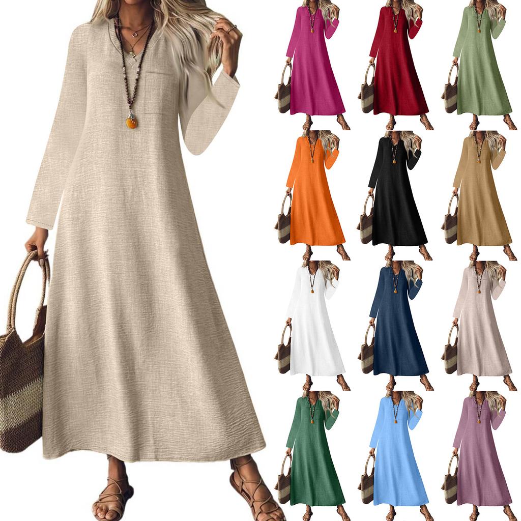 Women's Fashion V-Neck Long Sleeve Pocket Solid Color Zipper Casual Vacation Long Cotton Linen Dresses