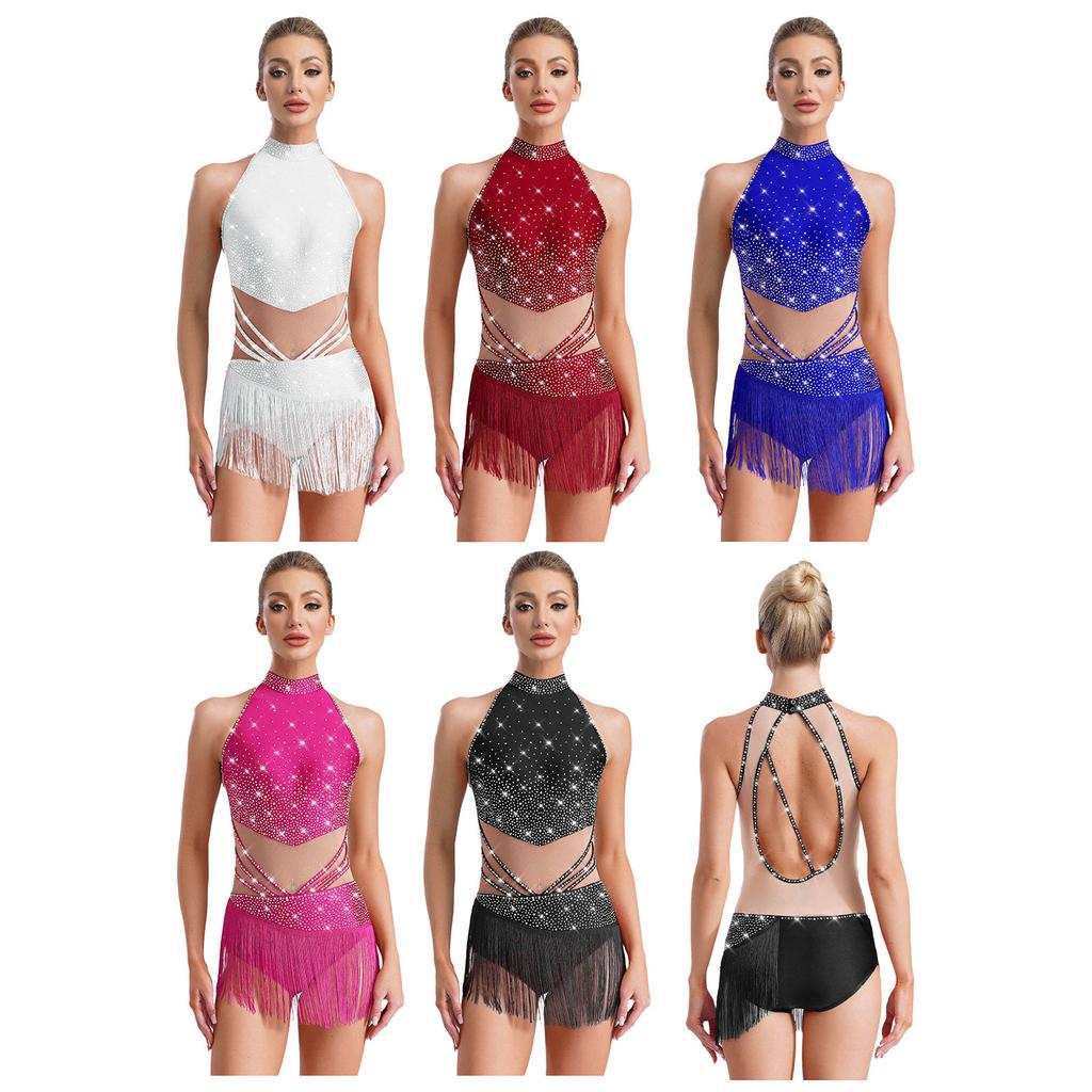 Womens Rhinestones Latin Dance Performance Gymnastics Figure Skating Costume Jazz Dance Outfits Tassels Adorned Leotard Bodysuit