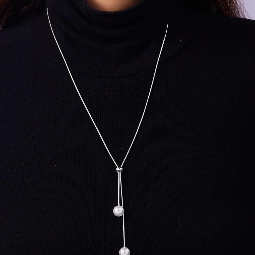 Fashion Simple Silver Pearl Necklace for Women Long Tassel Pull Design Clavicle Chains Necklace Party Jewelry Accessories