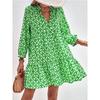 2026 V-neck Print A-line Women Dress Vintage Long Sleeve Ruffled Summer Short Dresses Lace-up Lady Casual Beach Boho Dress 28719