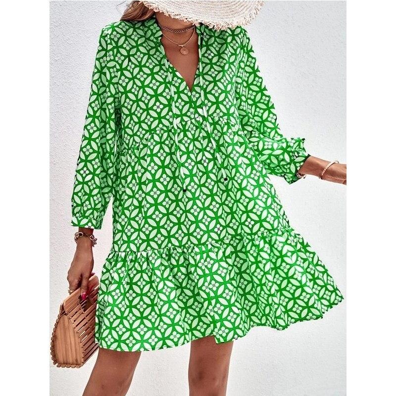 2026 V-neck Print A-line Women Dress Vintage Long Sleeve Ruffled Summer Short Dresses Lace-up Lady Casual Beach Boho Dress 28719