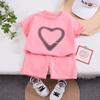 Girls Summer Korean Heart Print Short Sleeve T Shirt And Loose Shorts Fashionable Two Piece Set