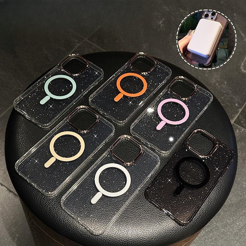 Suitable for IPhone16promax Flash Powder Transparent Magnetic Phone Case and Apple 15 Metal Lens Anti Drop Protective Case