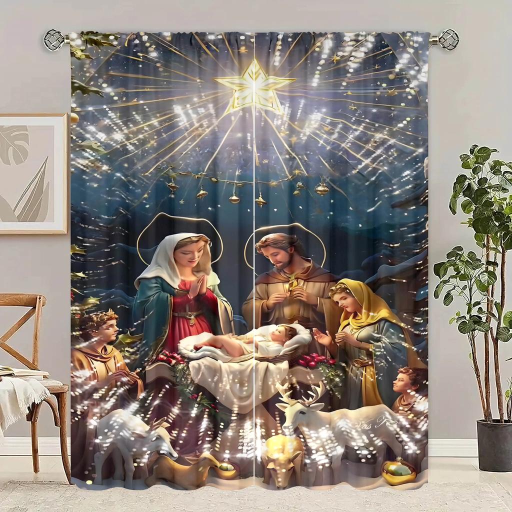 Set Of 2 Santa Claus Christmas Tree Printed Curtains Pole Bag Inches Home Decoration Room Curtain Made Polyester
