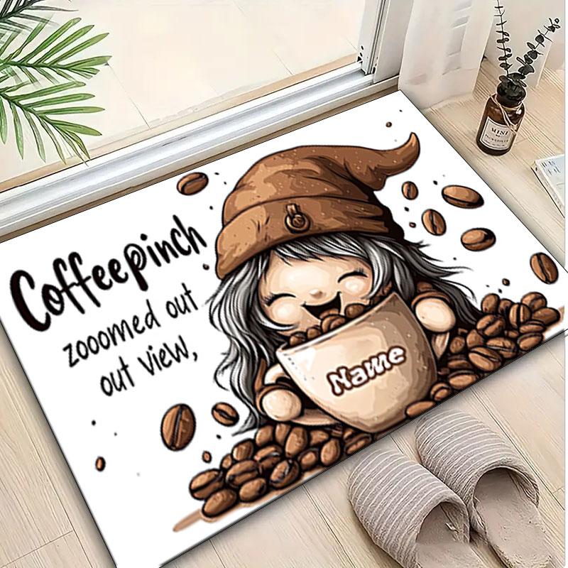 1PC Custom Name Coffee Pinch Gnome Beans Theme Floor Mat Ideal for Living Room, Game Rooms, Office, Bedroom,Floor Mat Playful Design