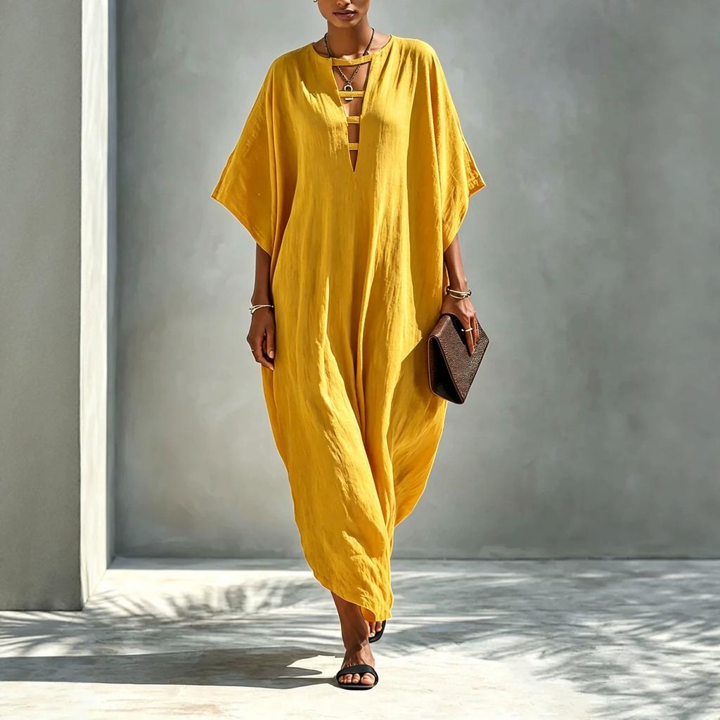 Summer round neck hollow dress solid color bat sleeve loose casual vacation style European beautiful woman long dress