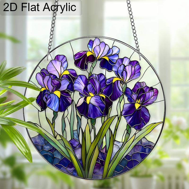 Acrylic Purple Iris Flowers Suncatcher, Stained Glass Effect Window Hanging Ornament for Garden & Flower Lover Gifts