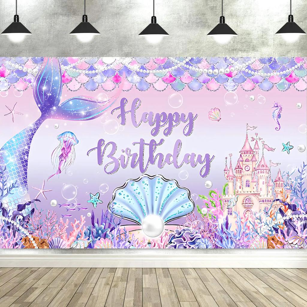 Mermaid Under The Sea Birthday Backdrop – Princess Theme For Girl'S Baby Shower & Party, Photography Banner Decor-Tapestry