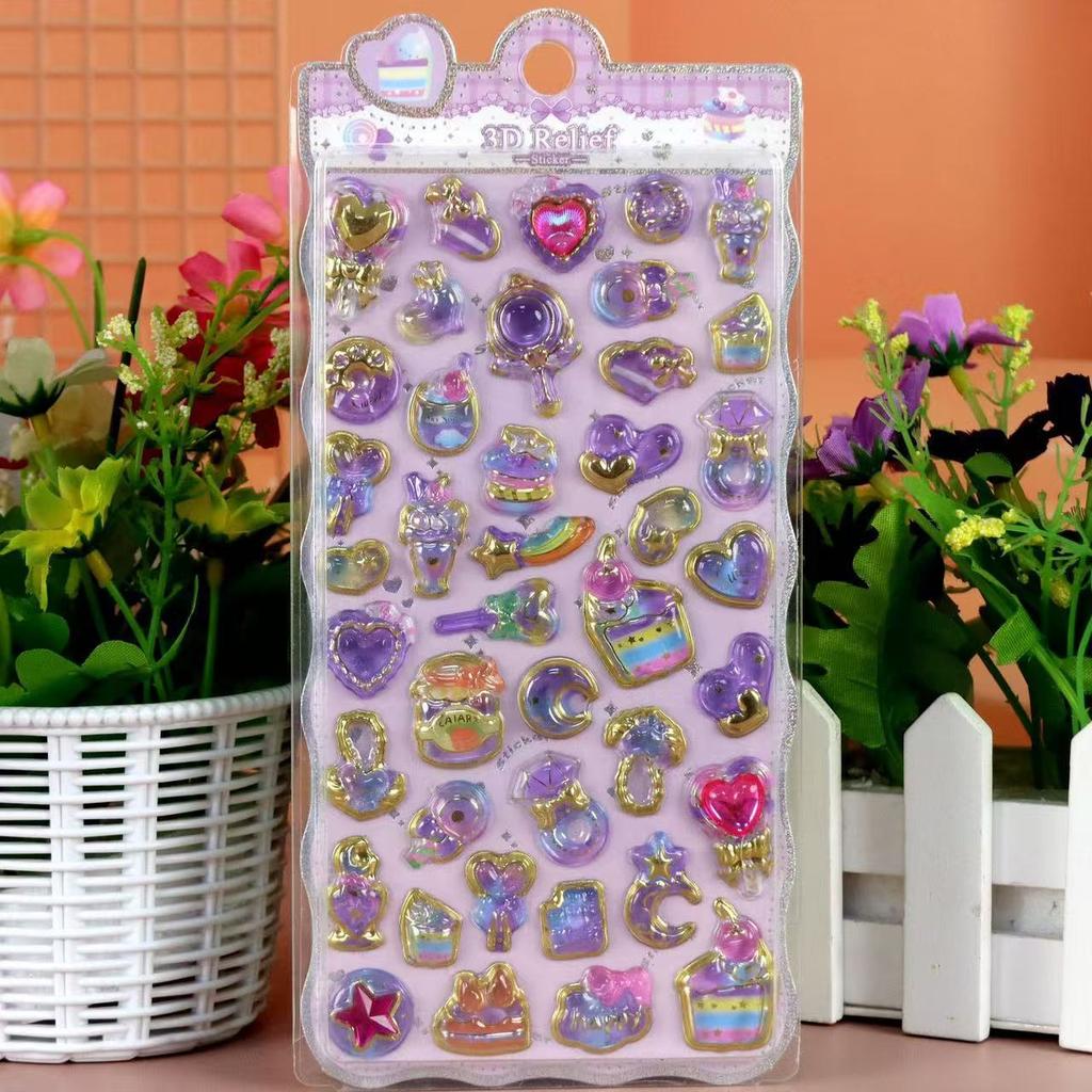 8Pcs Japanese Style 3D Crystal Epoxy Relief Stickers For Kids, Diamond Decorated, Magic Wand & Marine Life Fun Stickers