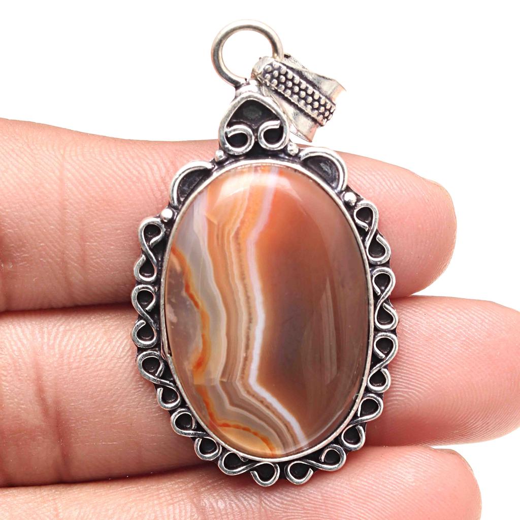 Pendant Banded Agate Gemstone Handicraft Valentine'Day Silver Jewelry 2.25"