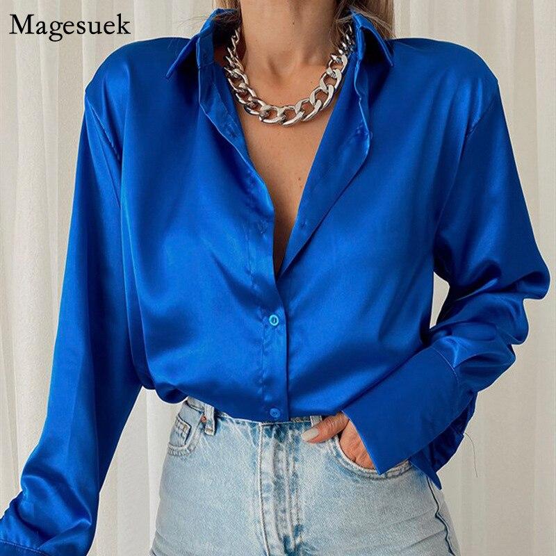 Eleganti camicette a maniche lunghe in raso da donna 2023 Vintage blu verde camicia in seta da donna casual larghe con bottoni camicie da donna top 18913
