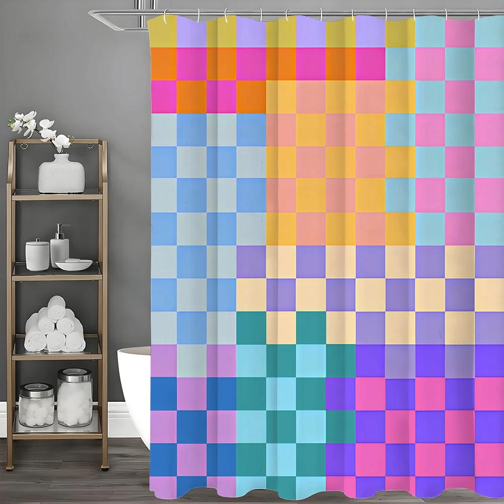 Colorful Gradient Geometric Square Shower Curtain, Bathroom Decorative Shower Curtain, Waterproof Shower Curtain with Hooks