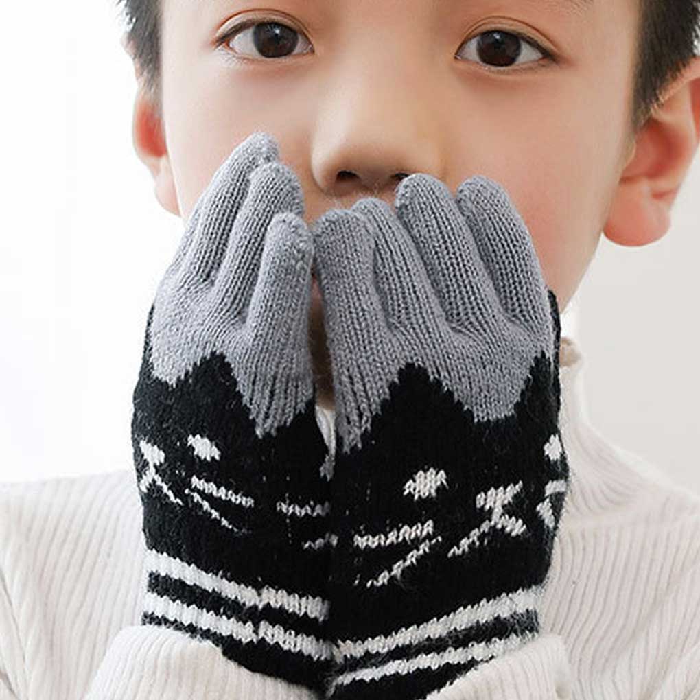 2 Pairs Kids Gloves Full-finger Cartoon Infants Winter Autumn Outdoor Sports Skating Cycling Riding Warm Knitted Mittens