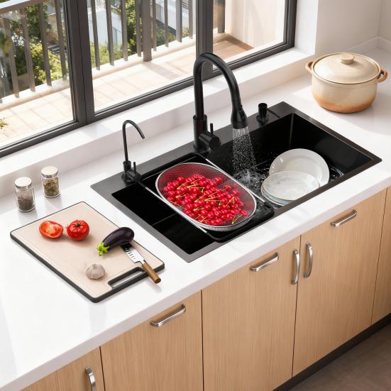 Embedded Mounted Workbench Sink Black Kitchen Sink Embedded/Top Stainless Steel with Cutting Board & Drainage Basket Single Bowl Accessories (31.5 X