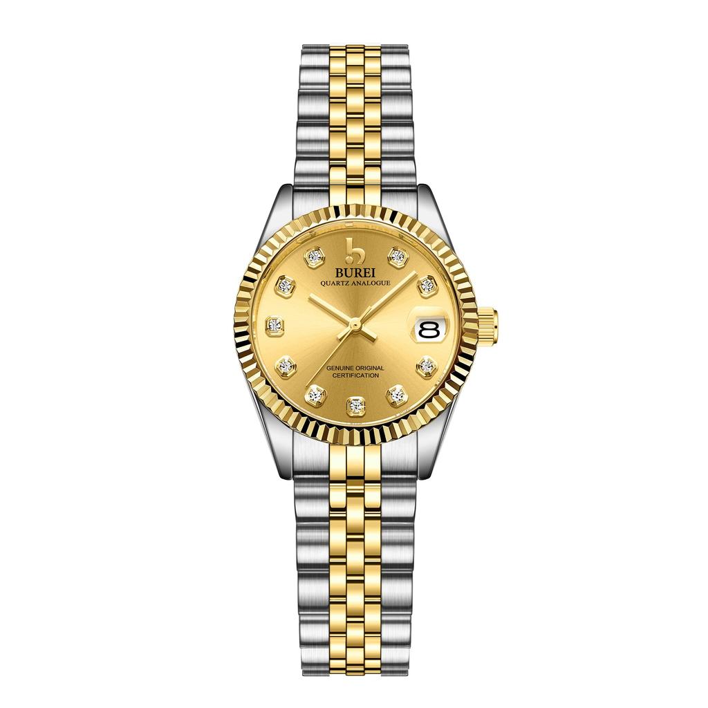 BUREI Women's Watch, Japanese-Made Quartz Movement, Analog, Waterproof, Gold Diamond Dial, Stainless Steel, Business Watch, Popular, Stylish, Simple,
