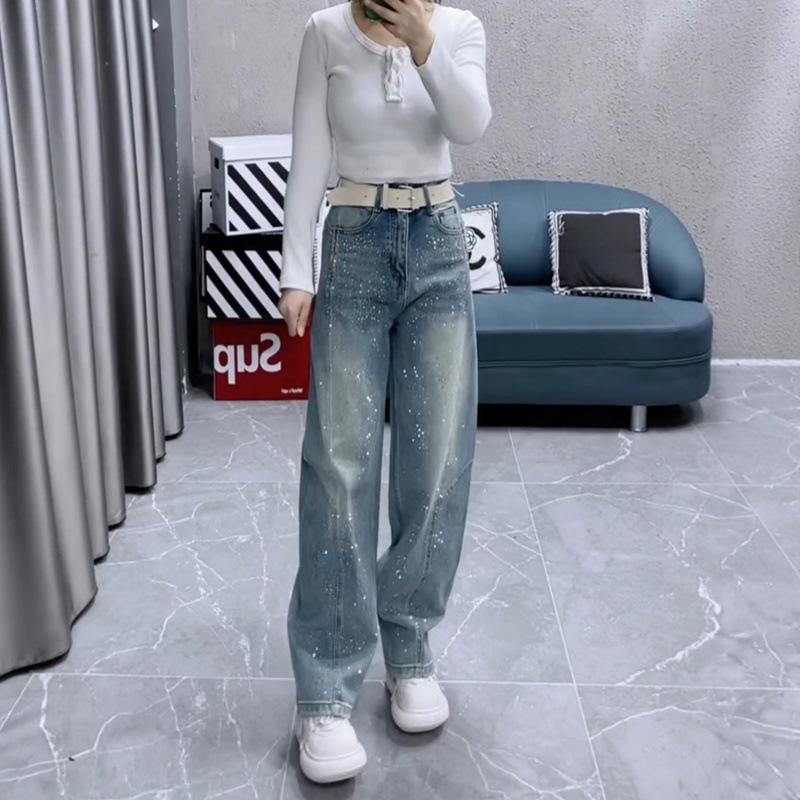 Spring 2026 European Style Plus Size High Waist Rhinestone Denim Pants - Women's Loose, Slimming, Versatile Straight Leg