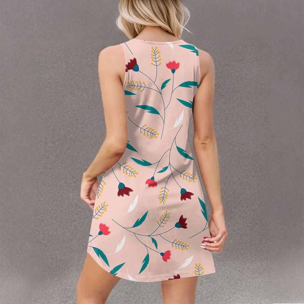 Women's Casual Summer Vest Dress With Pockets Floral Print V Neck Sleeveless Dress