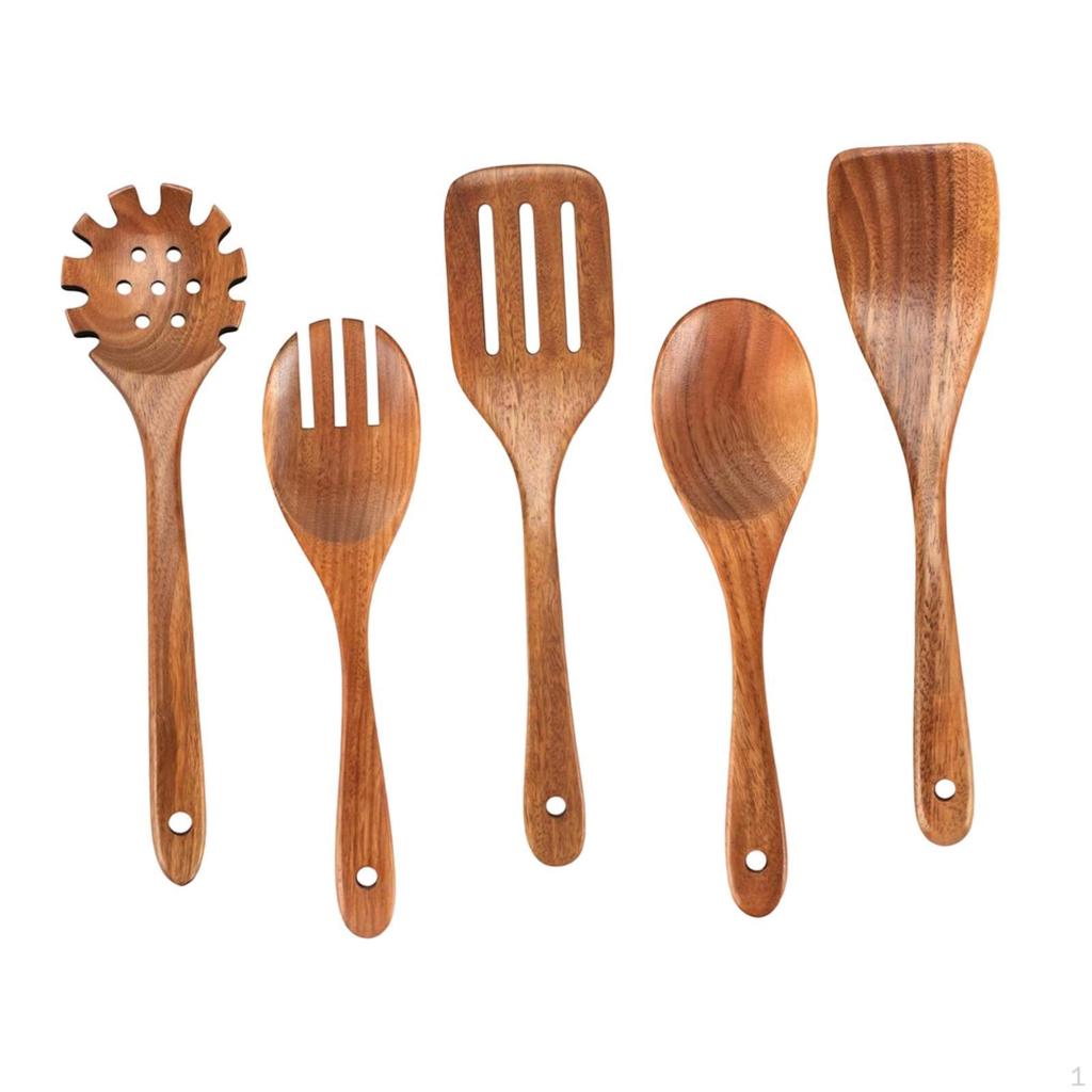 5 Pieces Wooden Spoons for Cooking Cookware Gadgets Wood Dinnerware Reusable Long Handle